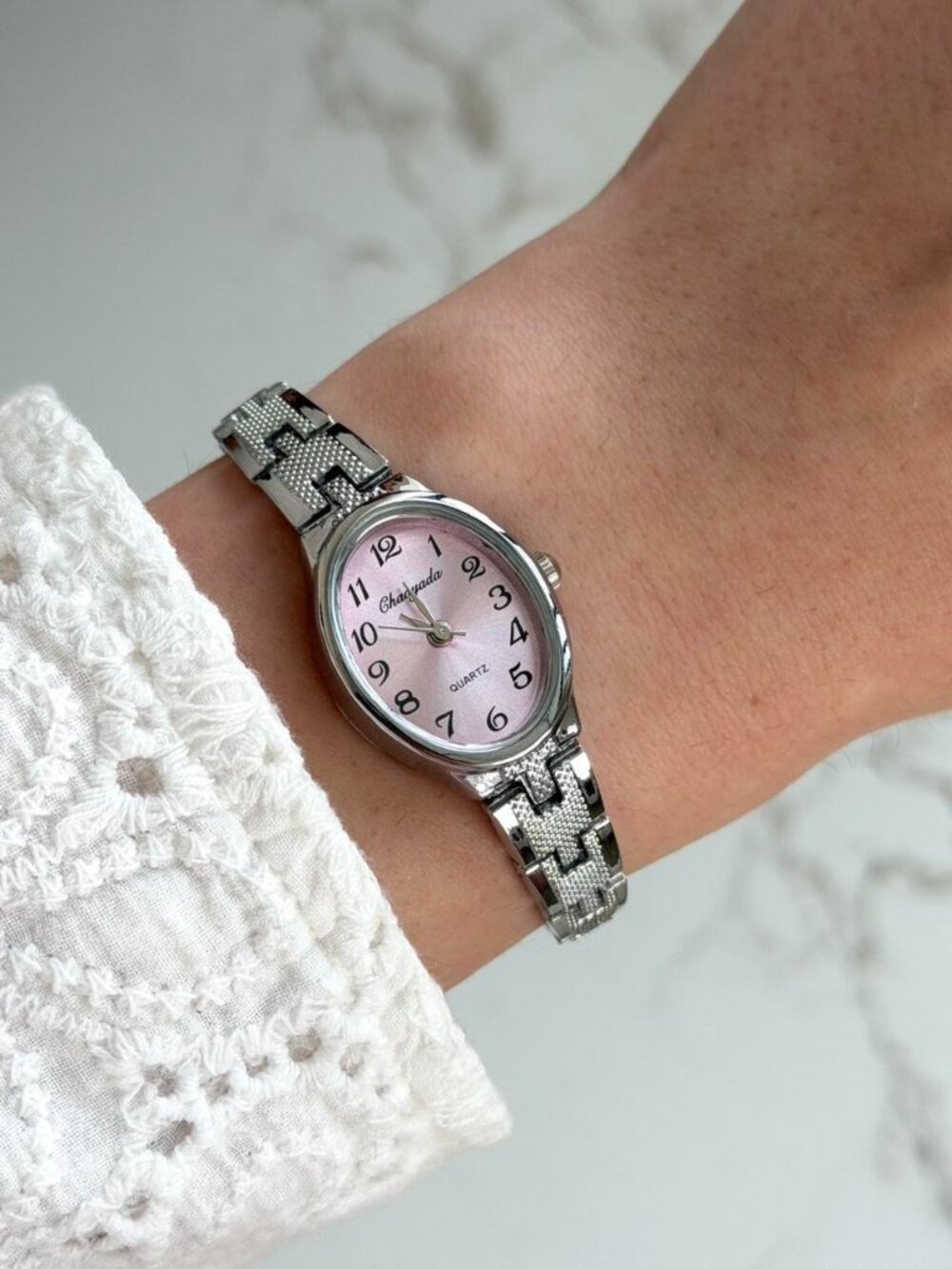 Sku0507‎ Retro Silver Pink dial Women Minimalist Watch Bracelet + gift bag